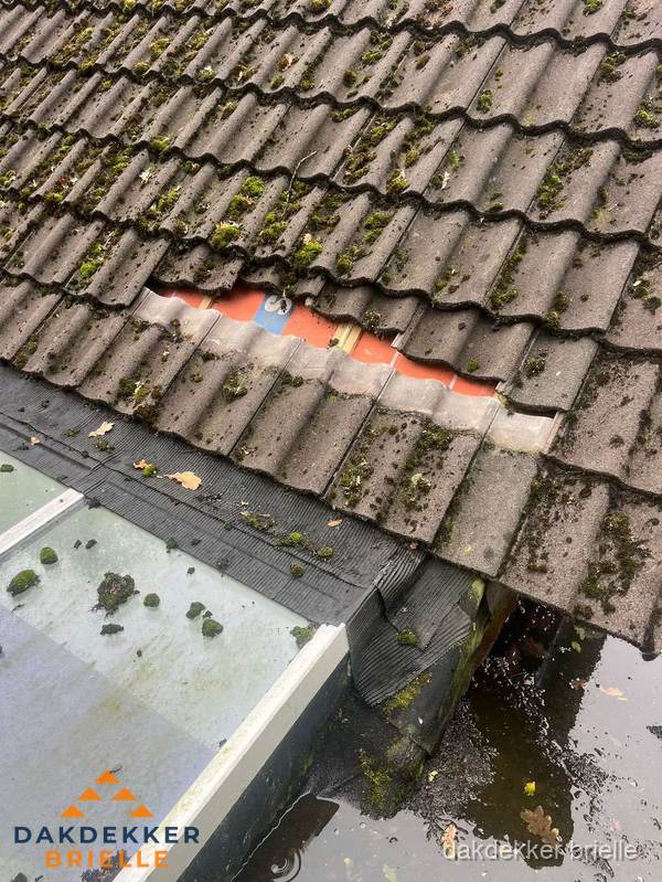 Beschadigd pannendak met ontbrekende dakpannen voor reparatie in Brielle Beschadigd pannendak met ontbrekende dakpannen voor reparatie in Brielle