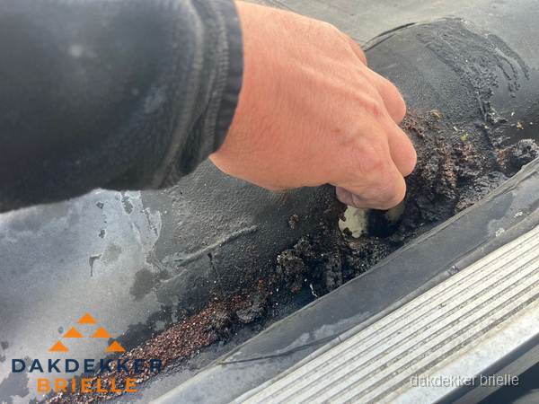 Schade aan bitumen dakbedekking op plat dak in Brielle Schade aan bitumen dakbedekking op plat dak in Brielle