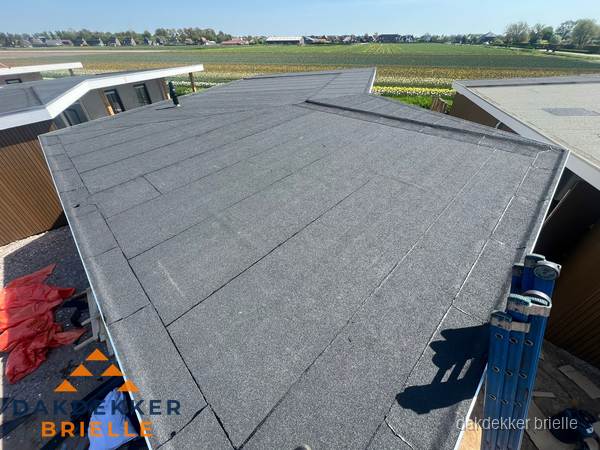 Nieuw bitumen plat dak met uitzicht over landschap in Brielle